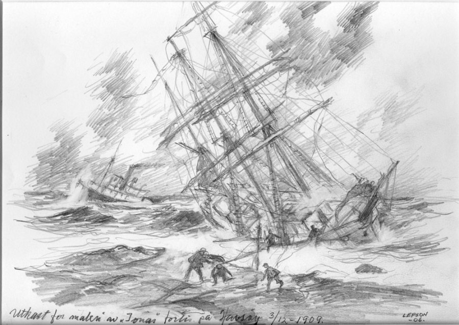 Ionas forlis utenfor Havsøy tegning avAnts Lepson